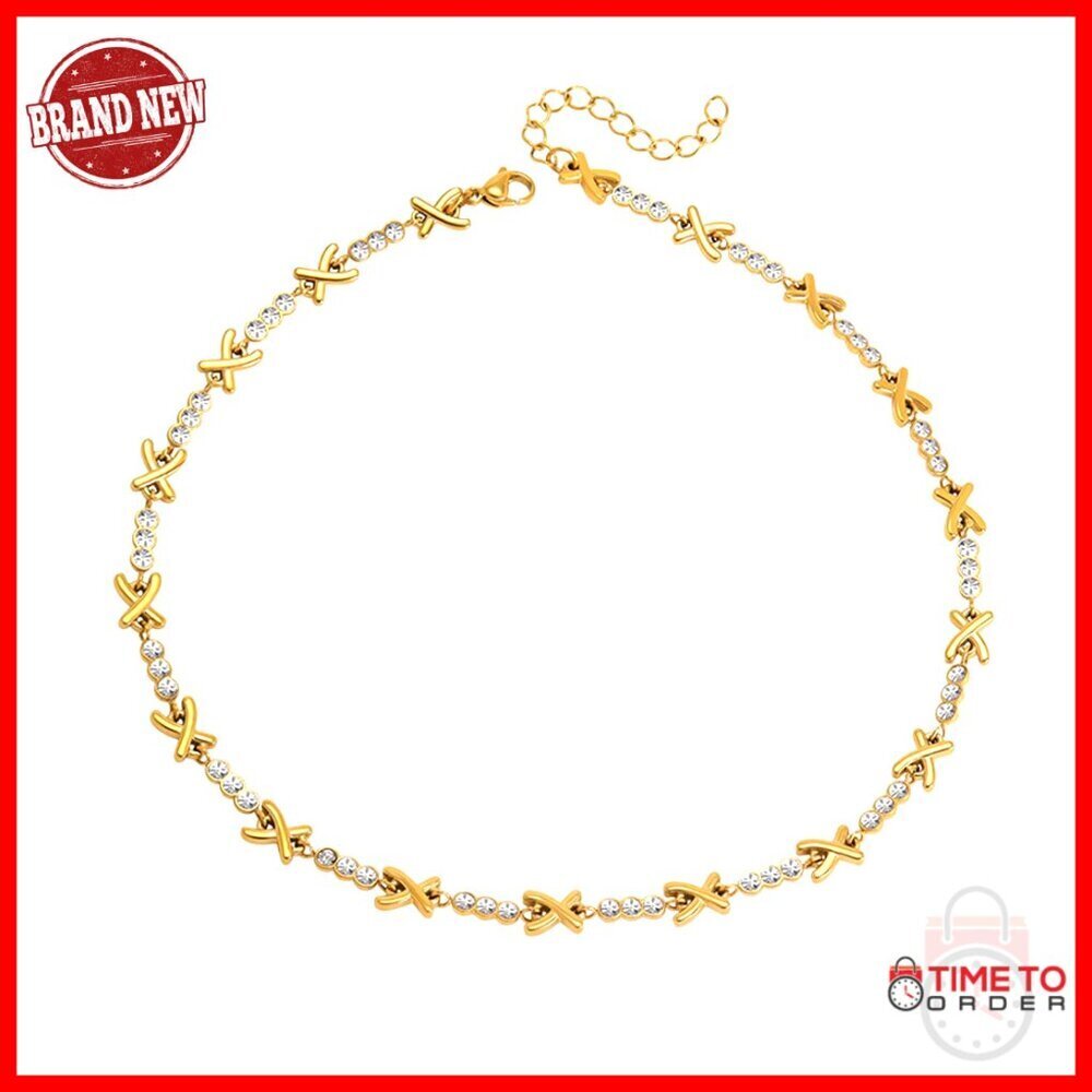 Gold Plated XO Choker Necklace with Cubic Zirconia, Adjustable Length